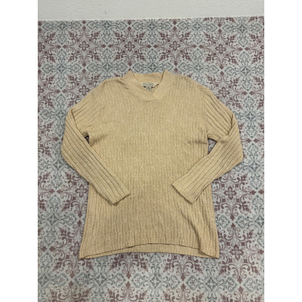 Melrose Studio Silk Blend Cable Knit V-Neck Sweater Tan Beige Medium